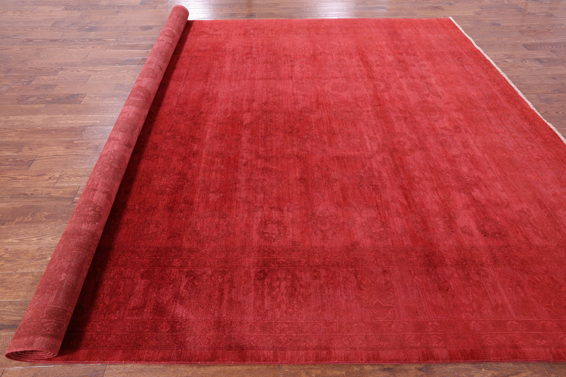 Red Full Pile Overdyed Hand Knotted Wool Rug - 9' 10" X 13' 8" - Golden Nile