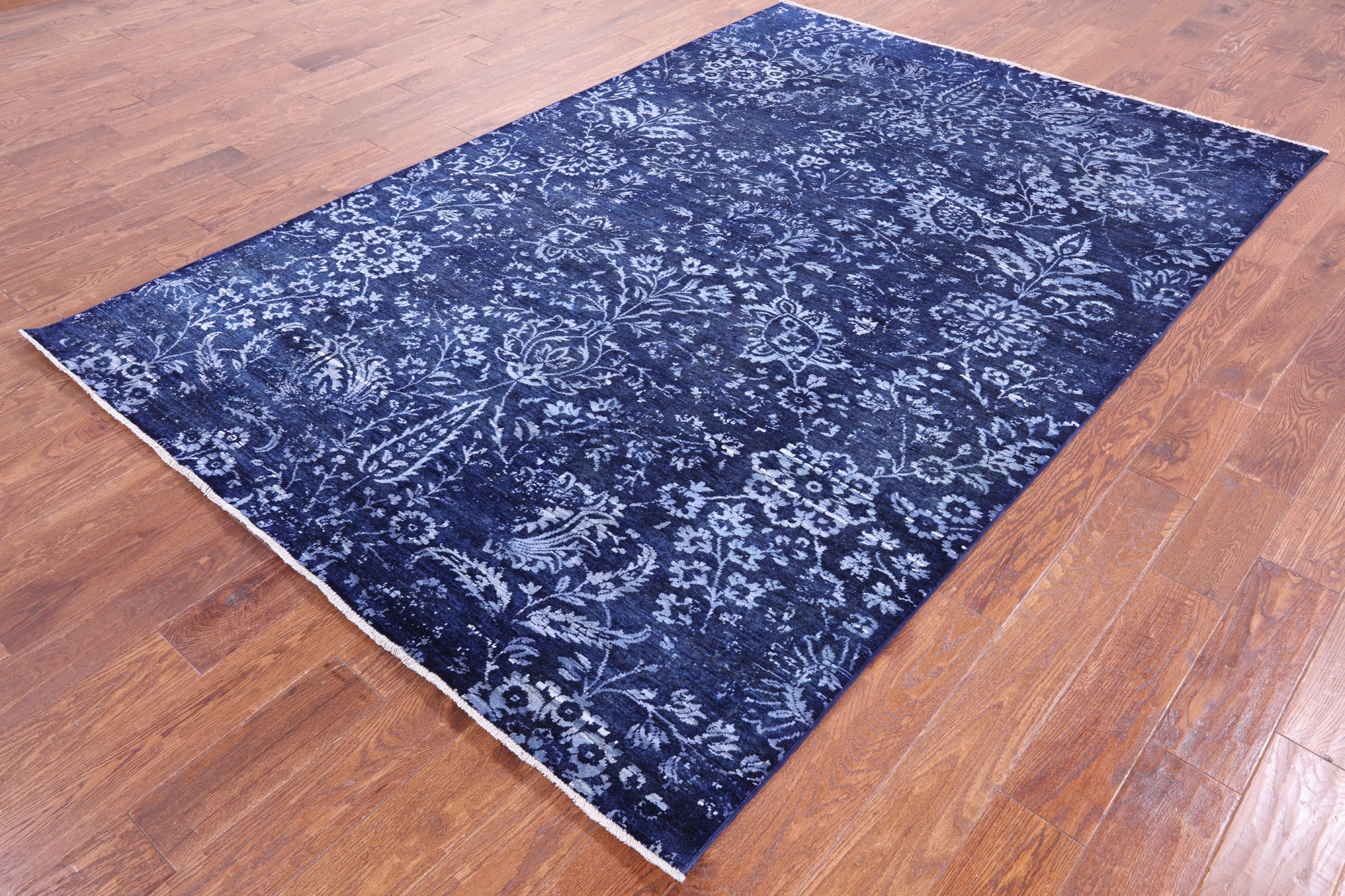 Blue Contemporary Hand Knotted Wool & Silk Rug - 6' 0" X 8' 9" - Golden Nile