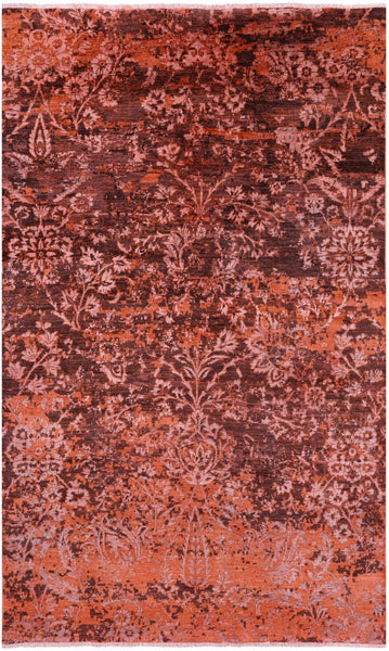 Orange Contemporary Hand Knotted Wool & Silk Rug - 4' 9" X 7' 8" - Golden Nile