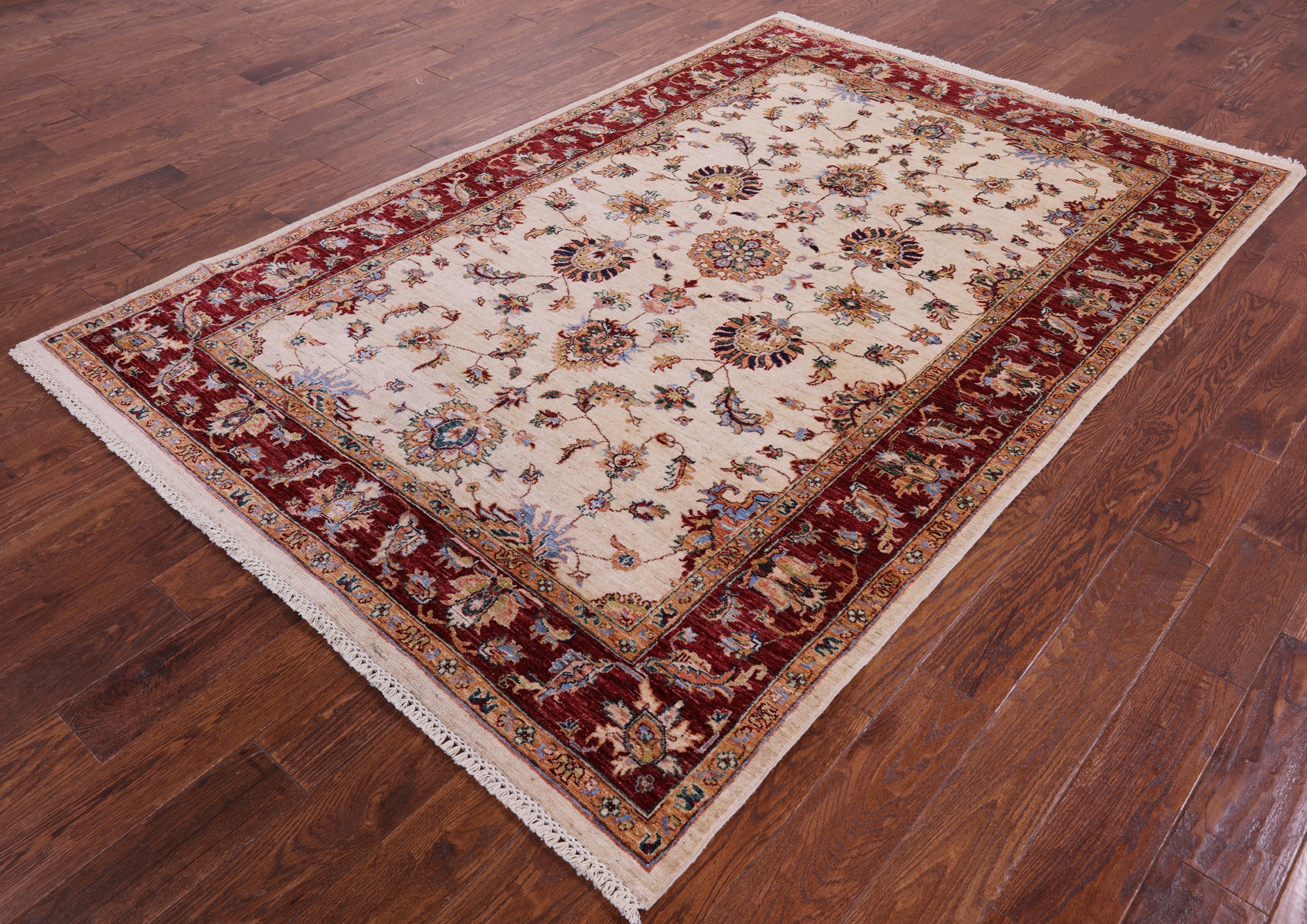 Ivory Persian Tabriz Hand Knotted Wool Rug - 5' 7" X 8' 4" - Golden Nile