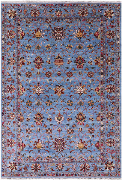 Blue Peshawar Hand Knotted Wool Rug - 6' 9" X 9' 8" - Golden Nile