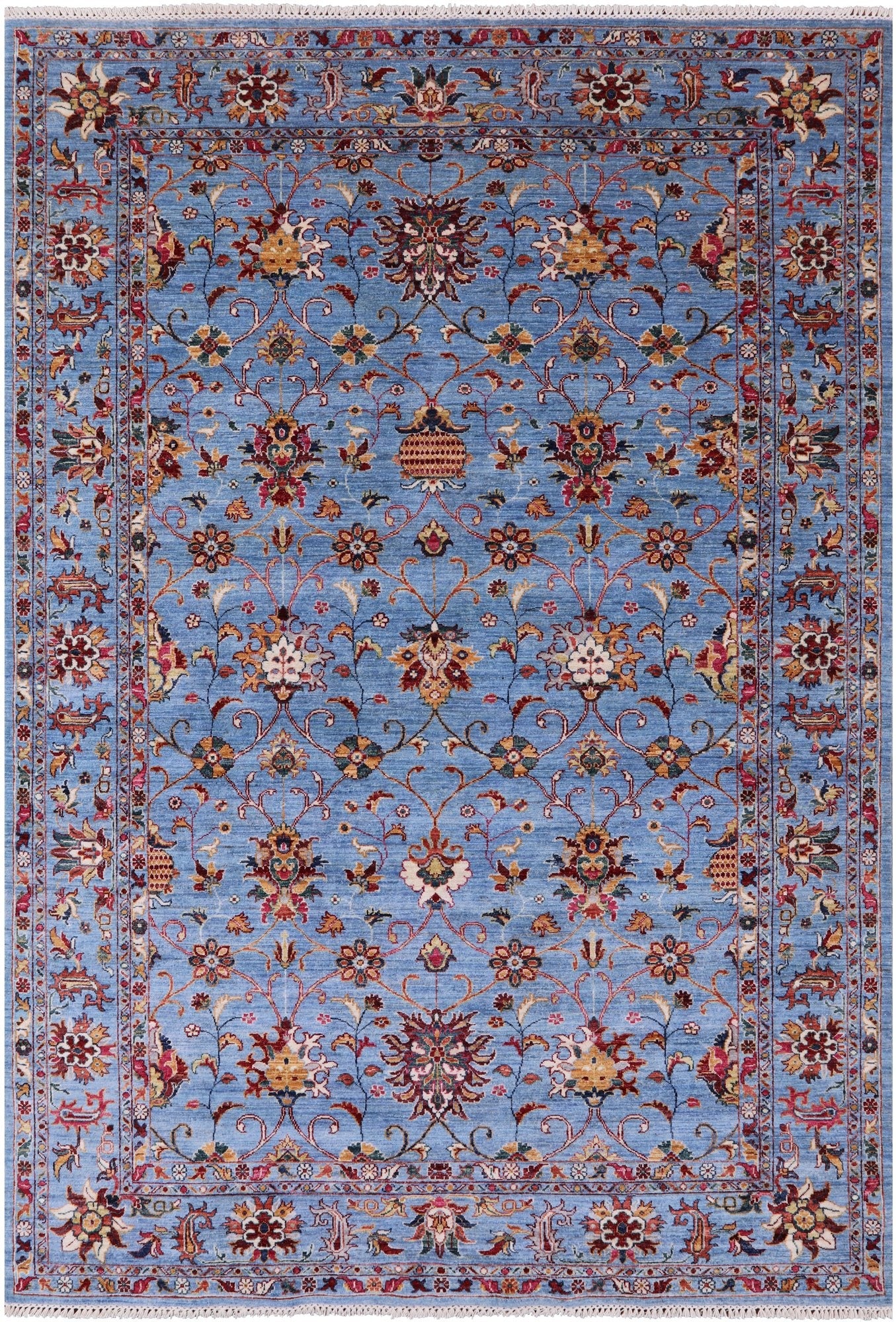 Blue Peshawar Hand Knotted Wool Rug - 6' 9" X 9' 8" - Golden Nile
