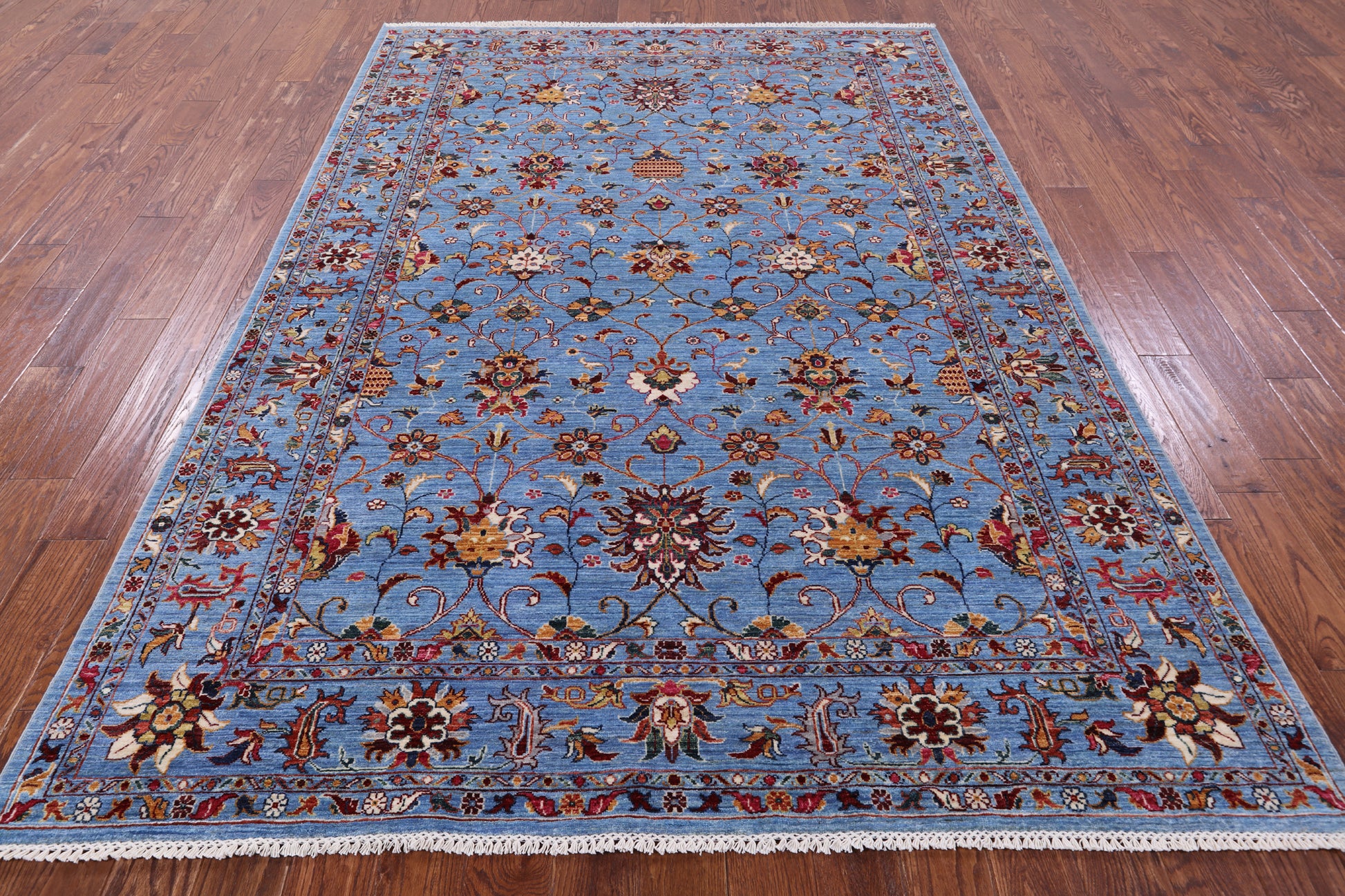 Blue Peshawar Hand Knotted Wool Rug - 6' 9" X 9' 8" - Golden Nile
