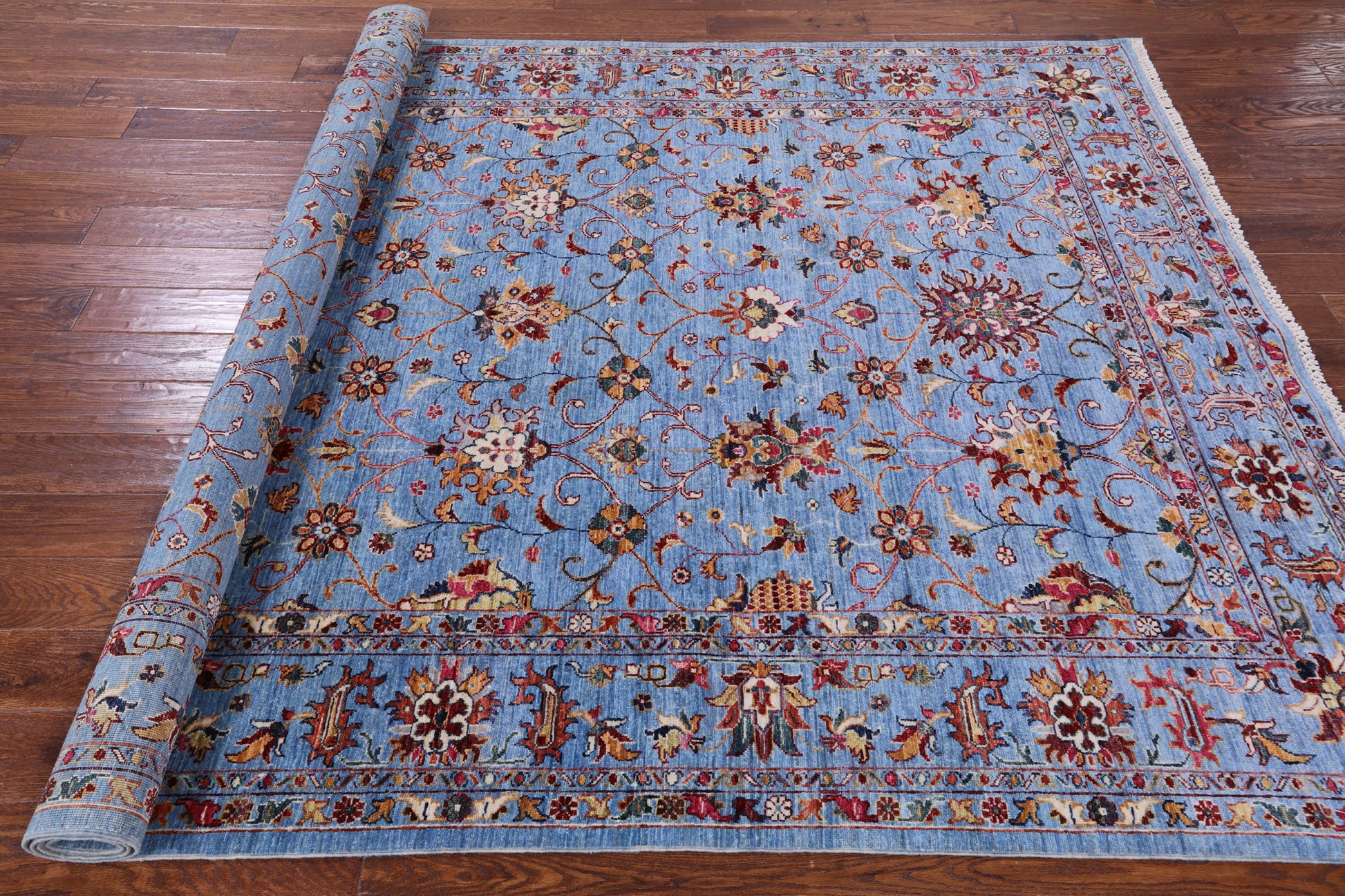 Blue Peshawar Hand Knotted Wool Rug - 6' 9" X 9' 8" - Golden Nile