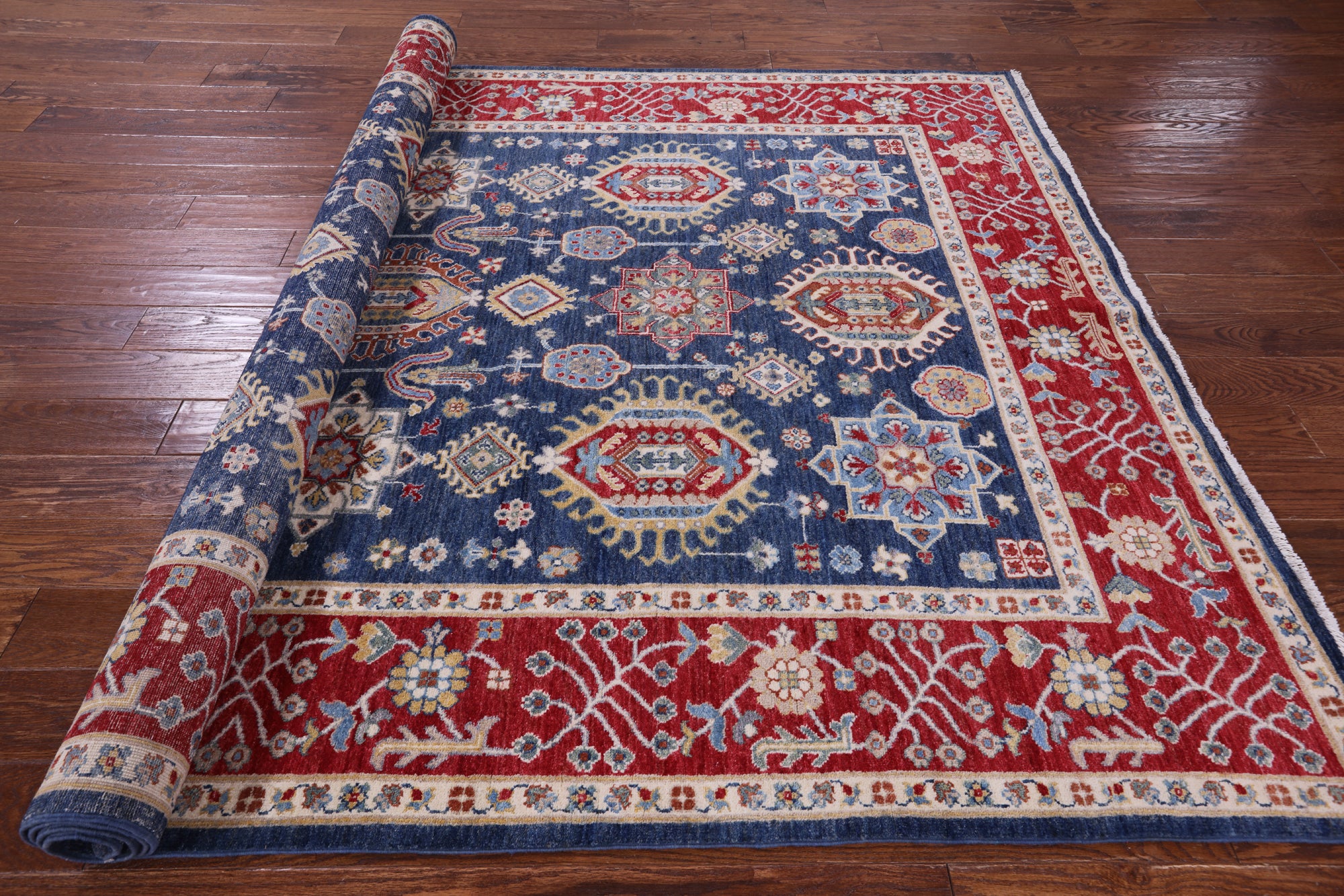 Blue Persian Fine Serapi Hand Knotted Wool Rug - 6' 8" X 9' 8" - Golden Nile