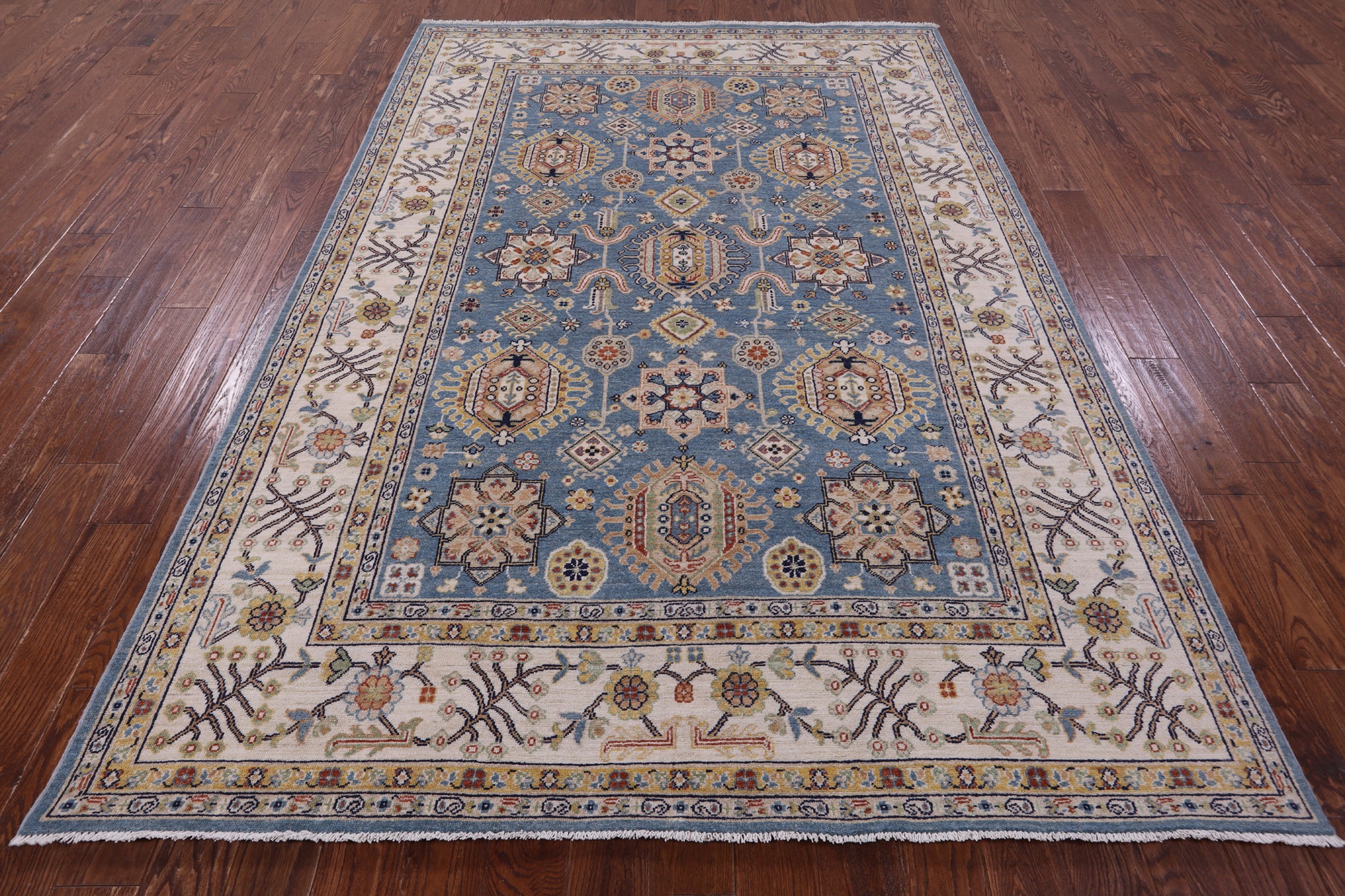 Blue Persian Fine Serapi Hand Knotted Wool Rug - 6' 8" X 9' 9" - Golden Nile