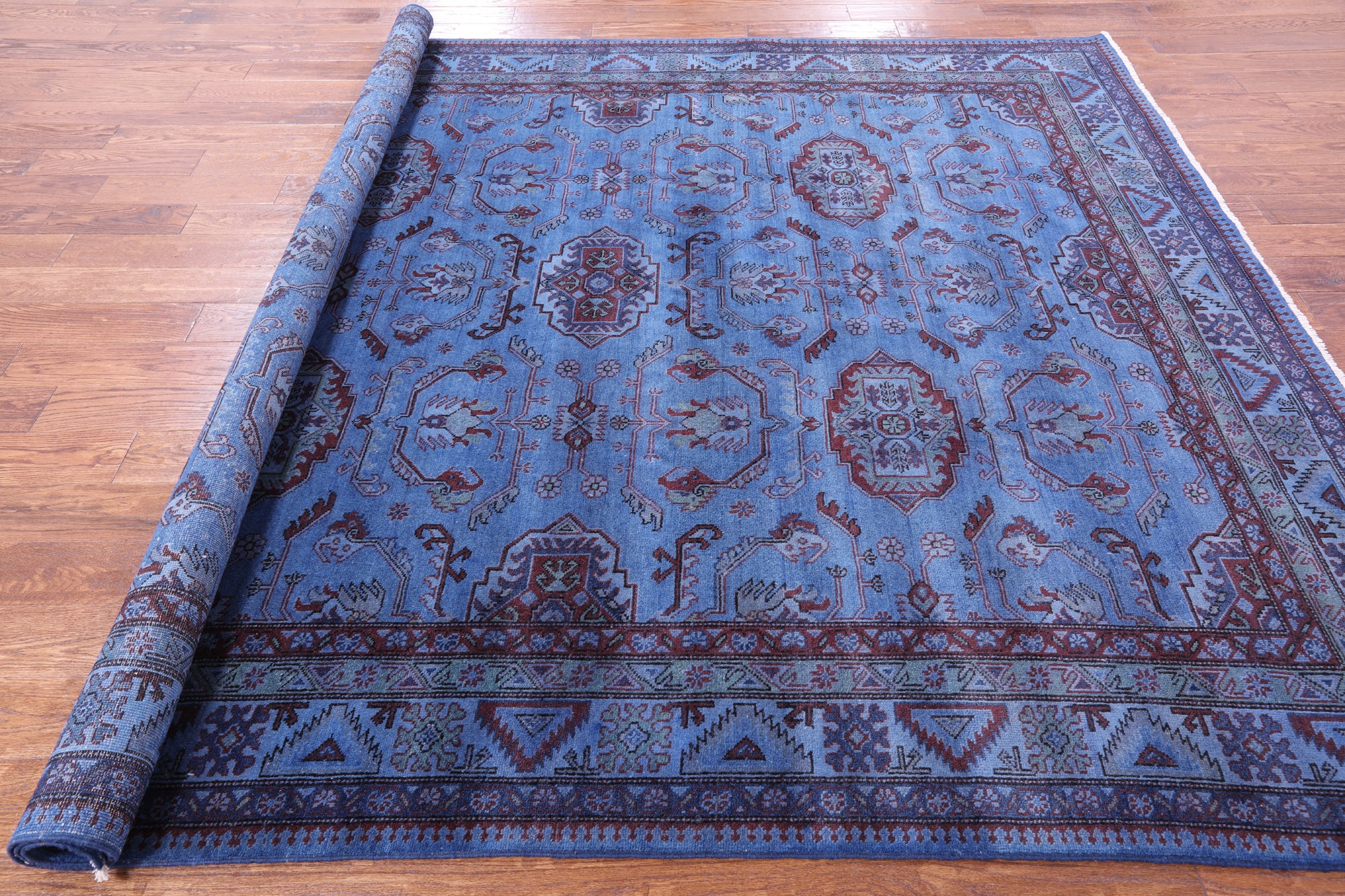 Blue Super Kazak Full Pile Overdyed Handmade Wool Rug - 8' 0" X 9' 6" - Golden Nile