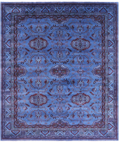 Blue Super Kazak Full Pile Overdyed Handmade Wool Rug - 8' 0" X 9' 6" - Golden Nile