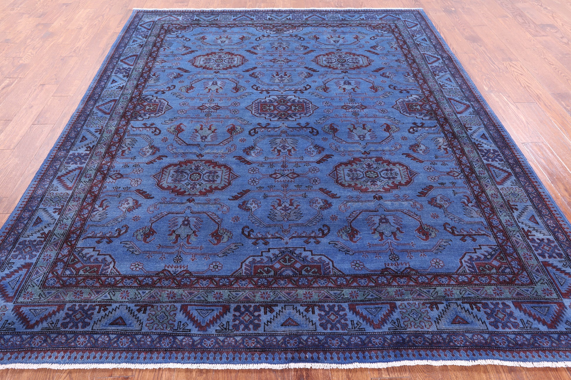 Blue Super Kazak Full Pile Overdyed Handmade Wool Rug - 8' 0" X 9' 6" - Golden Nile