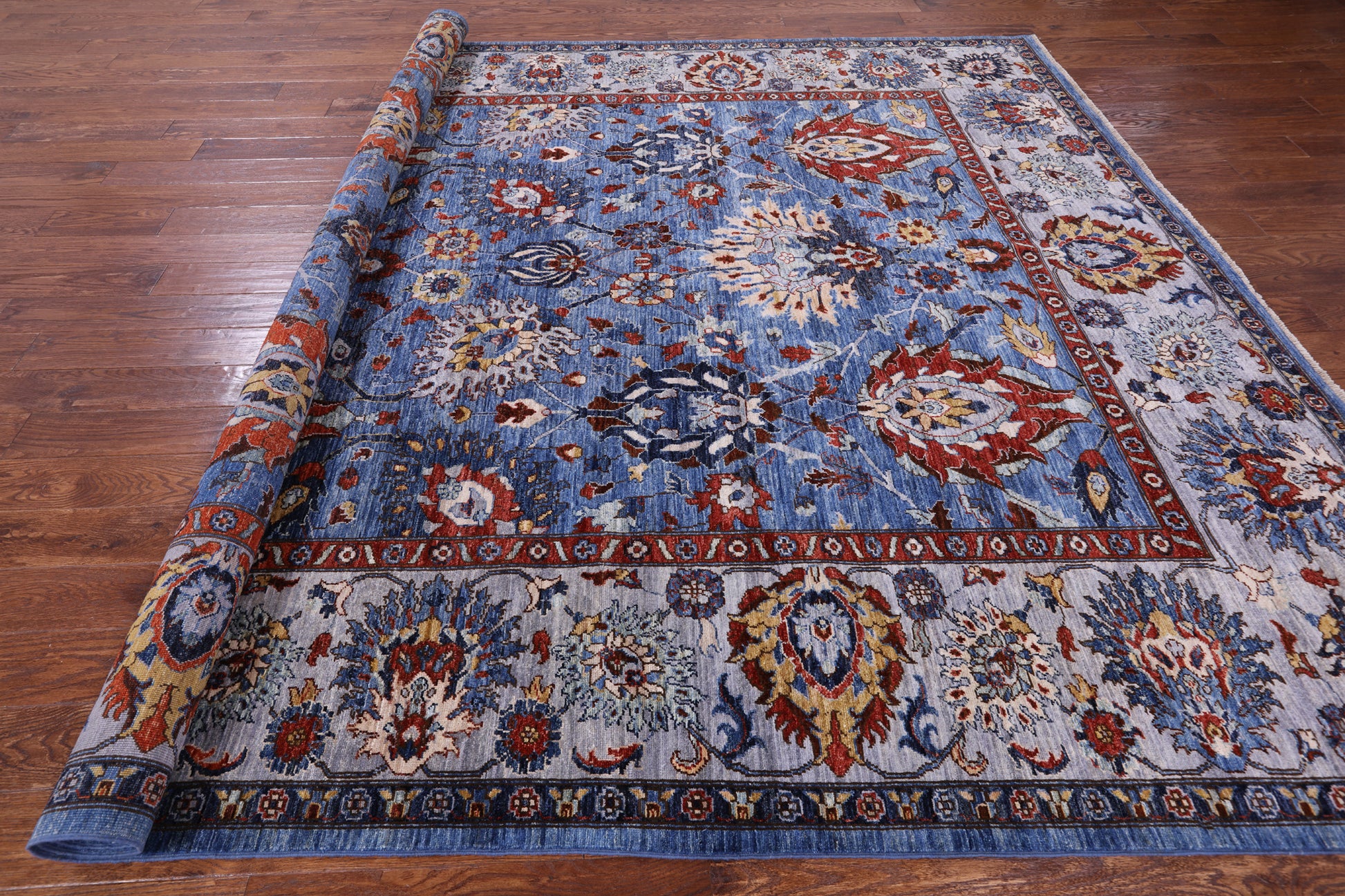 Blue Persian Fine Serapi Hand Knotted Wool Rug - 8' 10" X 11' 9" - Golden Nile