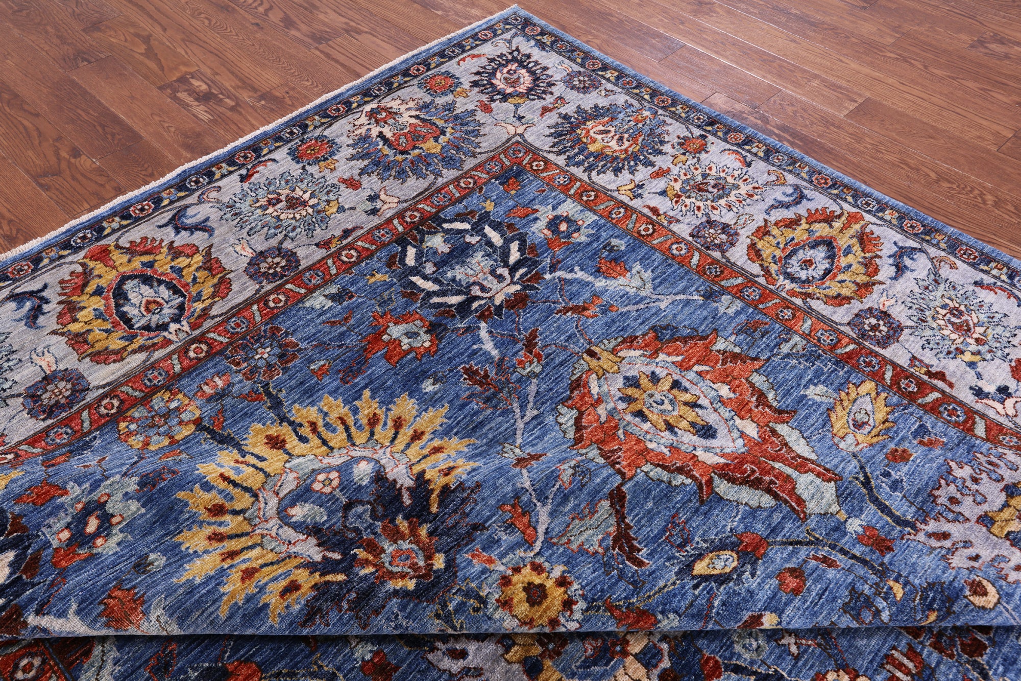 Blue Persian Fine Serapi Hand Knotted Wool Rug - 8' 10" X 11' 9" - Golden Nile
