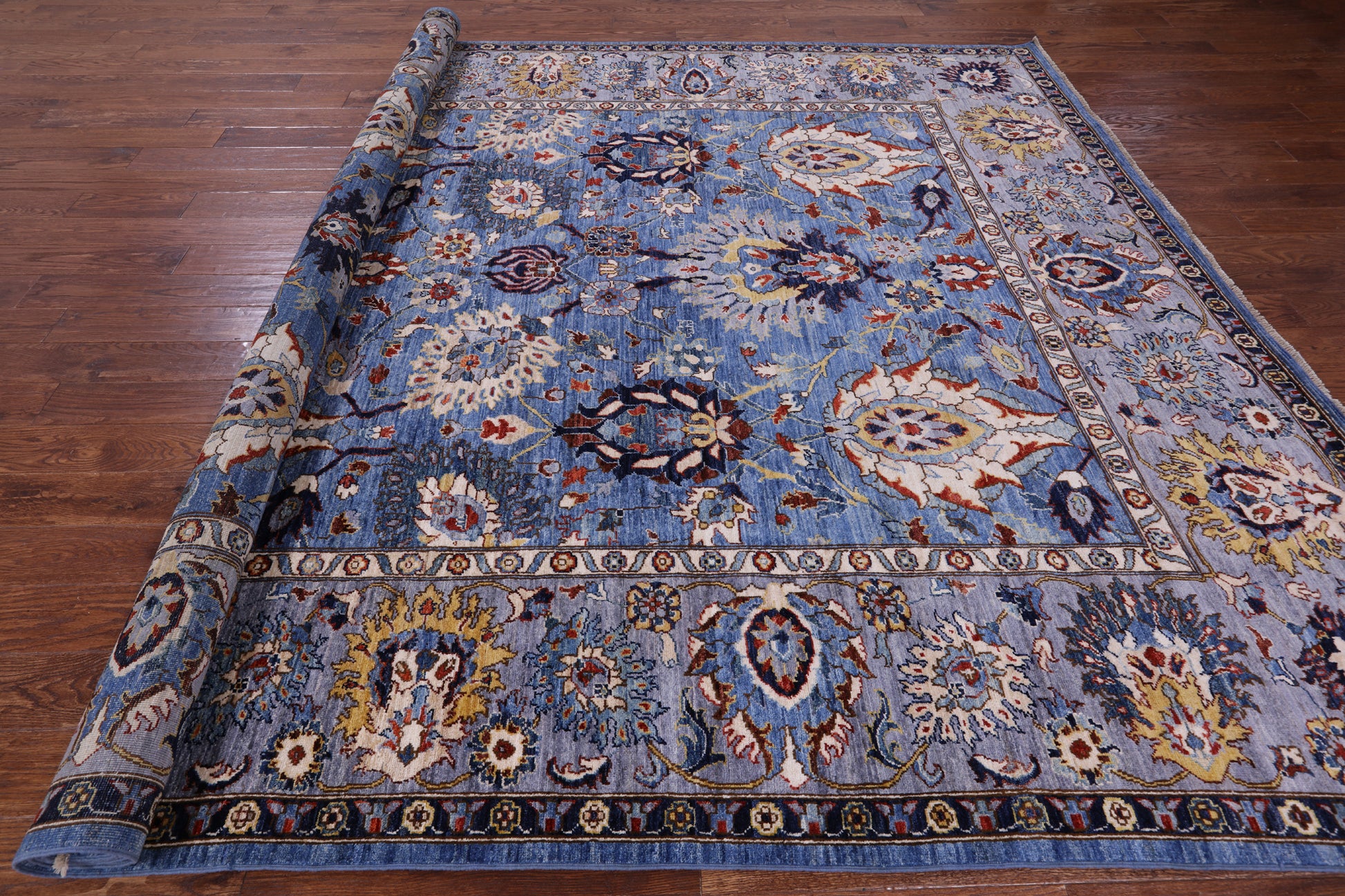 Blue Persian Fine Serapi Handmade Wool Rug - 9' 1" X 11' 7" - Golden Nile