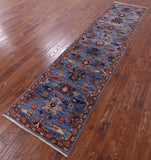 Blue Persian Fine Serapi Hand Knotted Wool Runner Rug - 2' 9" X 11' 6" - Golden Nile