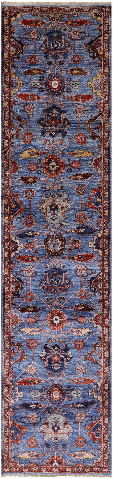 Blue Persian Fine Serapi Hand Knotted Wool Runner Rug - 2' 9" X 11' 6" - Golden Nile