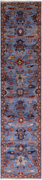 Blue Persian Fine Serapi Hand Knotted Wool Runner Rug - 2' 9" X 11' 6" - Golden Nile