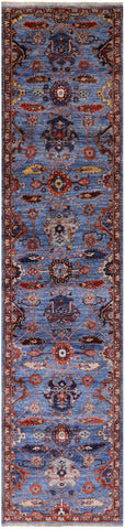 Blue Persian Fine Serapi Hand Knotted Wool Runner Rug - 2' 9