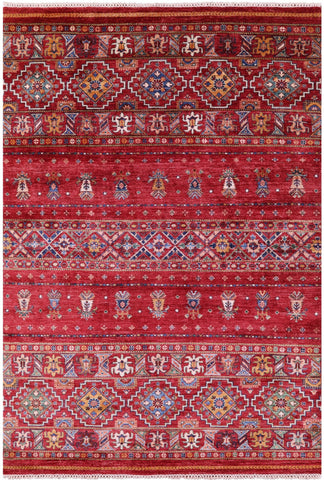 Red Khorjin Persian Gabbeh Hand Knotted Wool Rug - 5' 8
