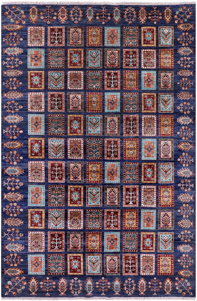 Blue Garden Design Persian Handmade Wool Rug - 6' 6" X 9' 9" - Golden Nile