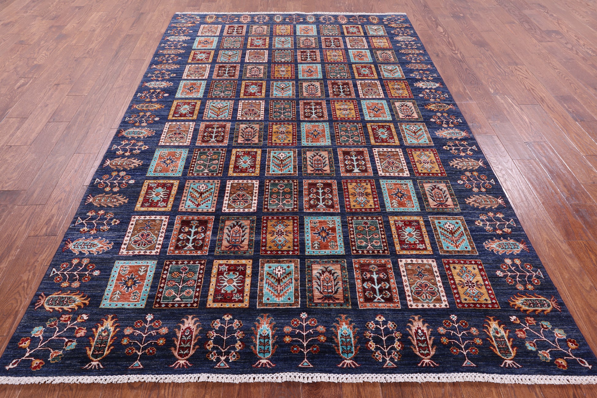 Blue Garden Design Persian Handmade Wool Rug - 6' 6" X 9' 9" - Golden Nile