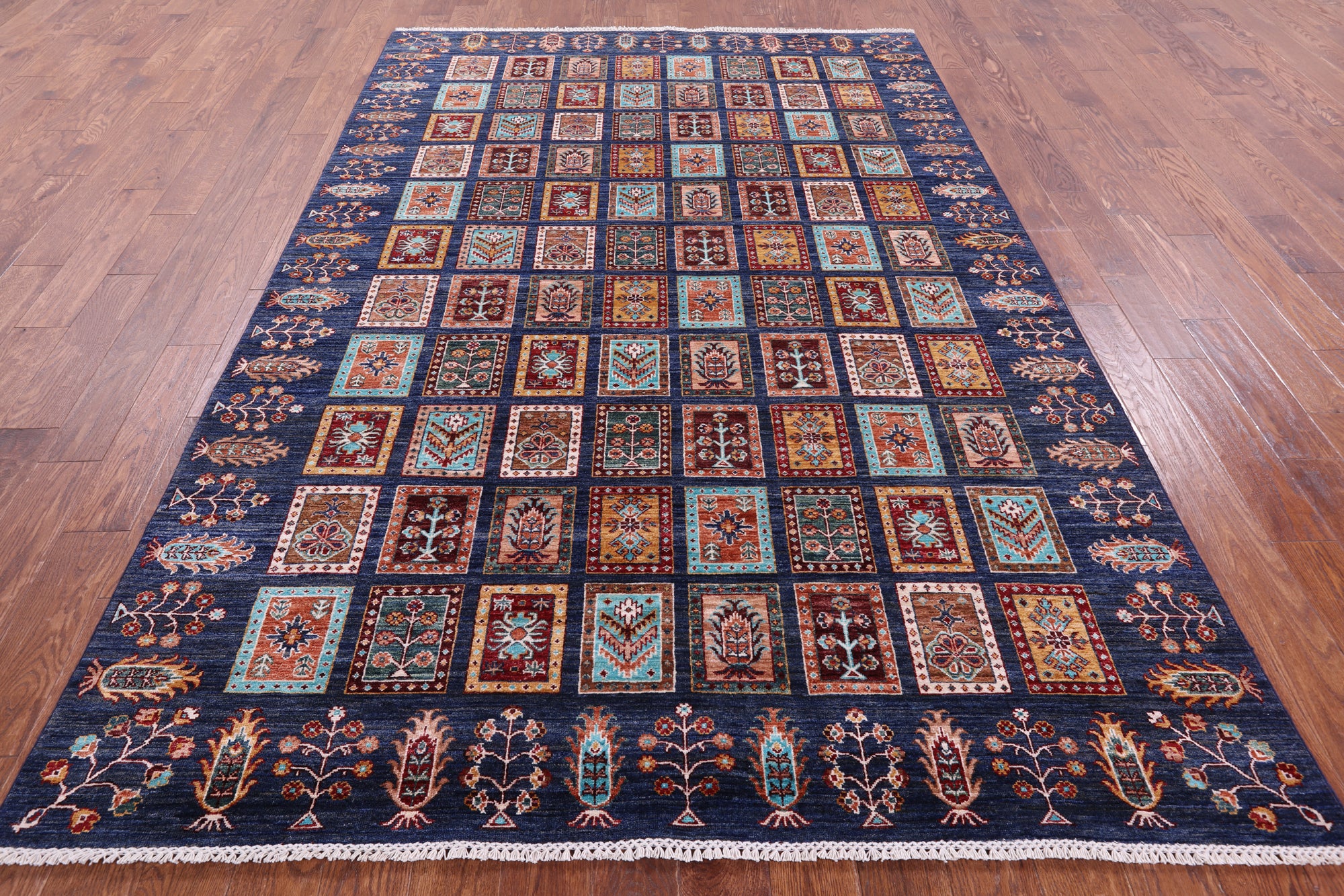 Blue Garden Design Persian Handmade Wool Rug - 6' 6" X 9' 9" - Golden Nile
