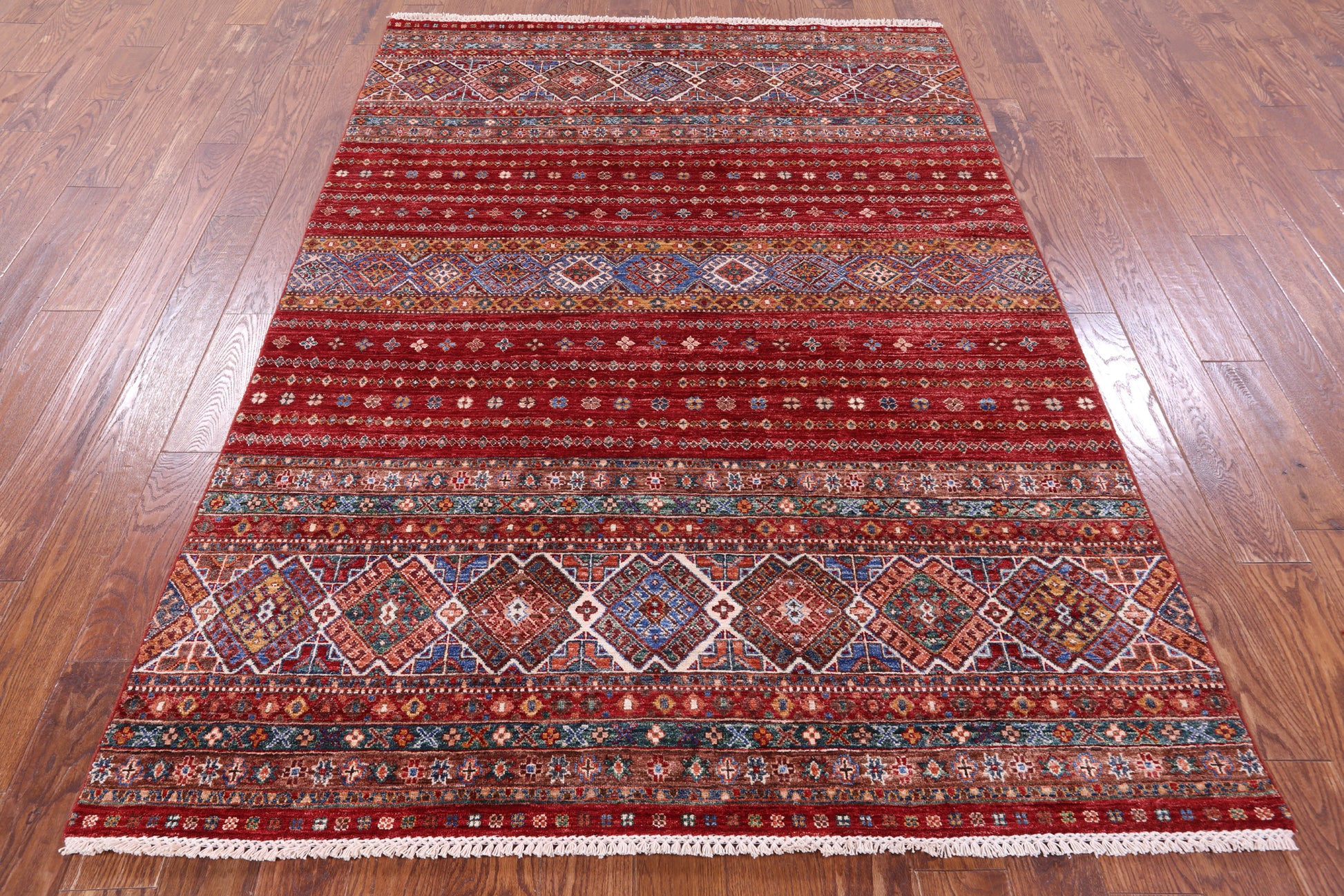 Red Khorjin Persian Gabbeh Hand Knotted Wool Rug - 5' 7" X 7' 10" - Golden Nile