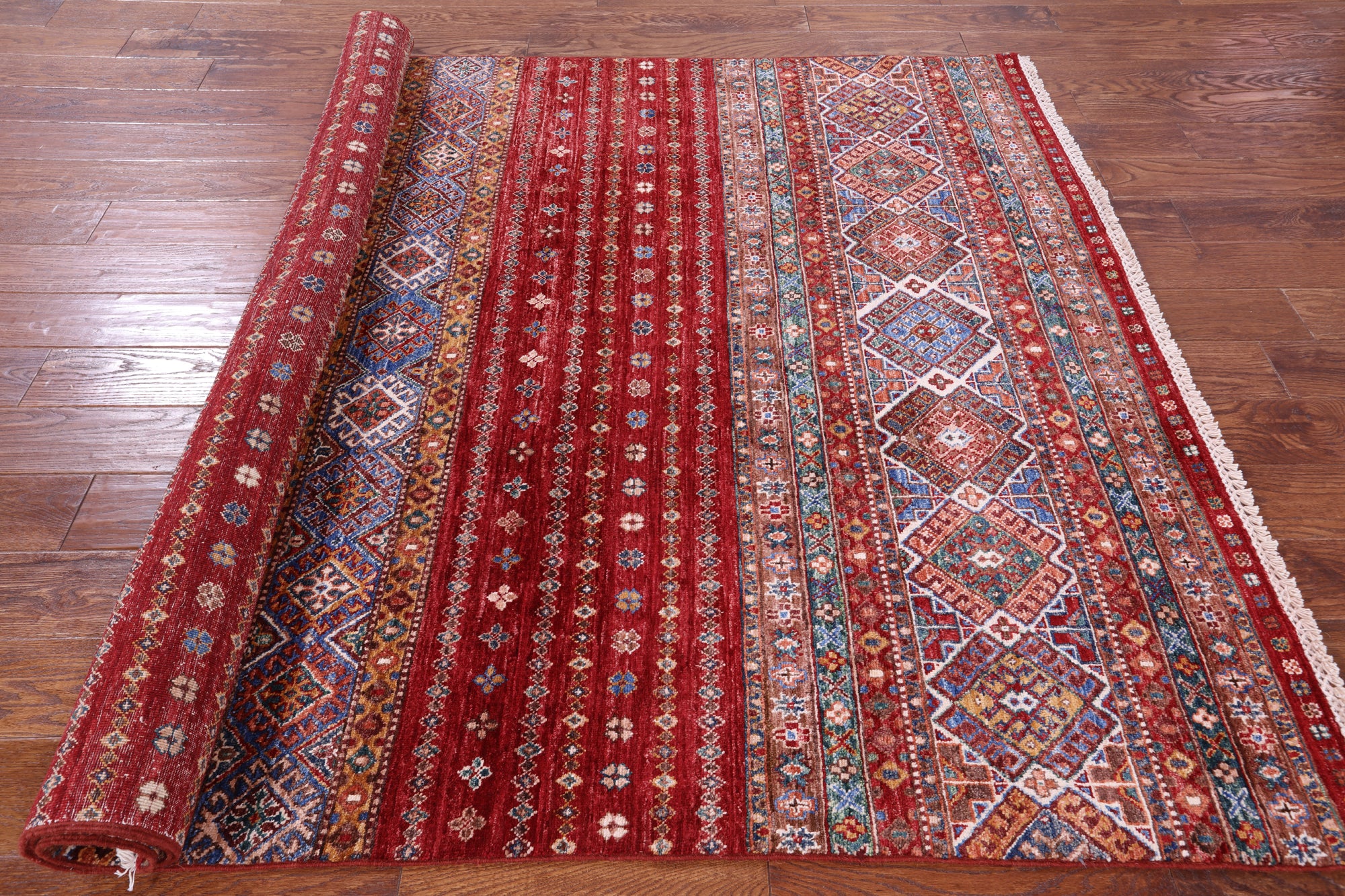 Red Khorjin Persian Gabbeh Hand Knotted Wool Rug - 5' 7" X 7' 10" - Golden Nile