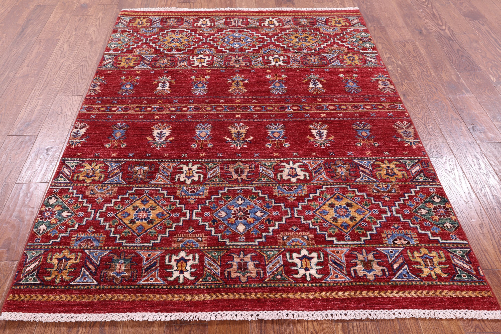 Red Khorjin Persian Gabbeh Hand Knotted Wool Rug - 5' 1" X 6' 6" - Golden Nile