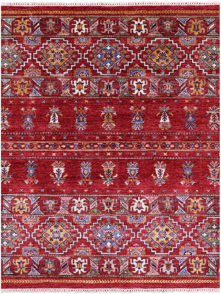 Red Khorjin Persian Gabbeh Hand Knotted Wool Rug - 5' 1" X 6' 6" - Golden Nile
