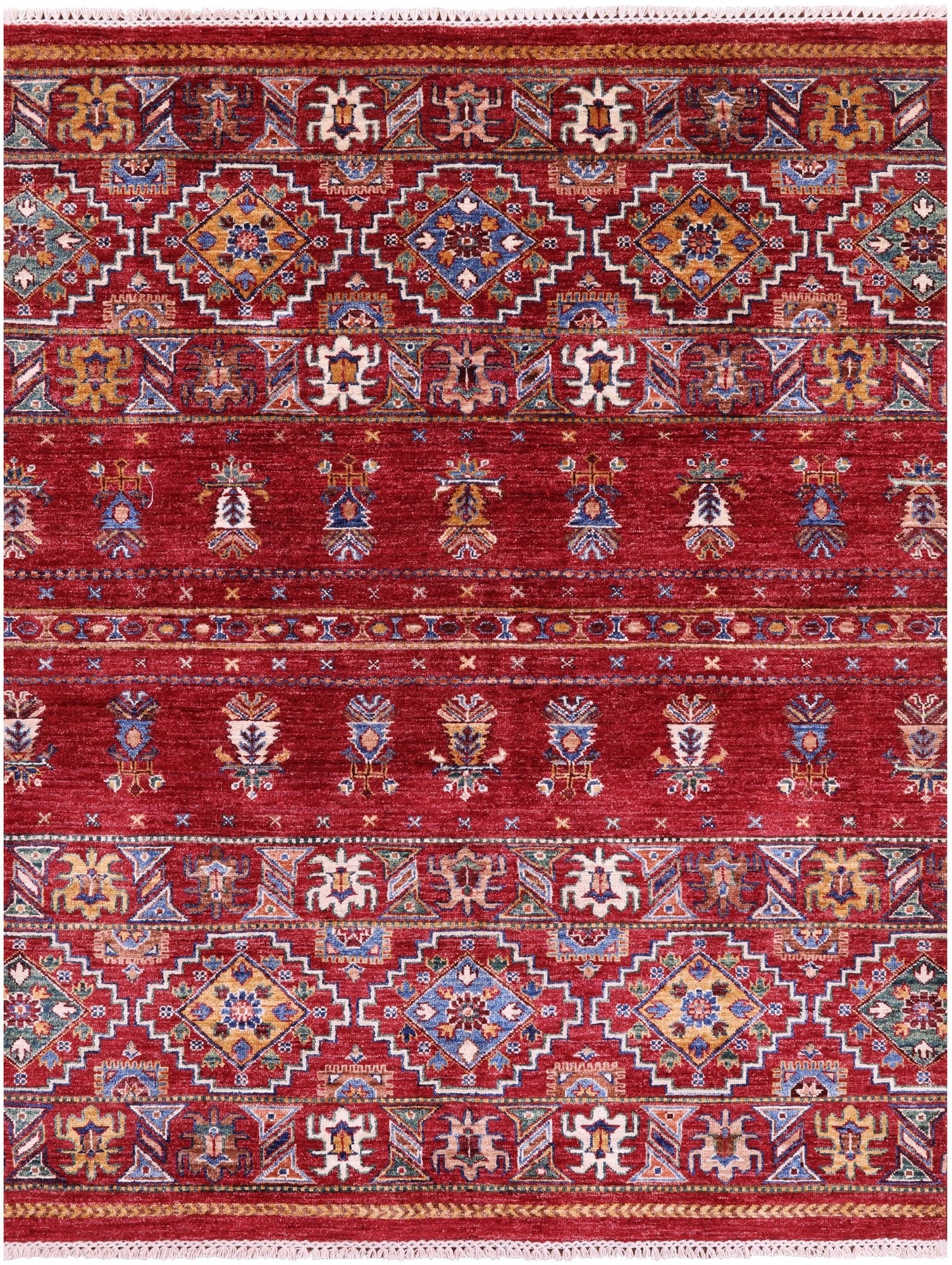 Red Khorjin Persian Gabbeh Hand Knotted Wool Rug - 5' 1" X 6' 6" - Golden Nile