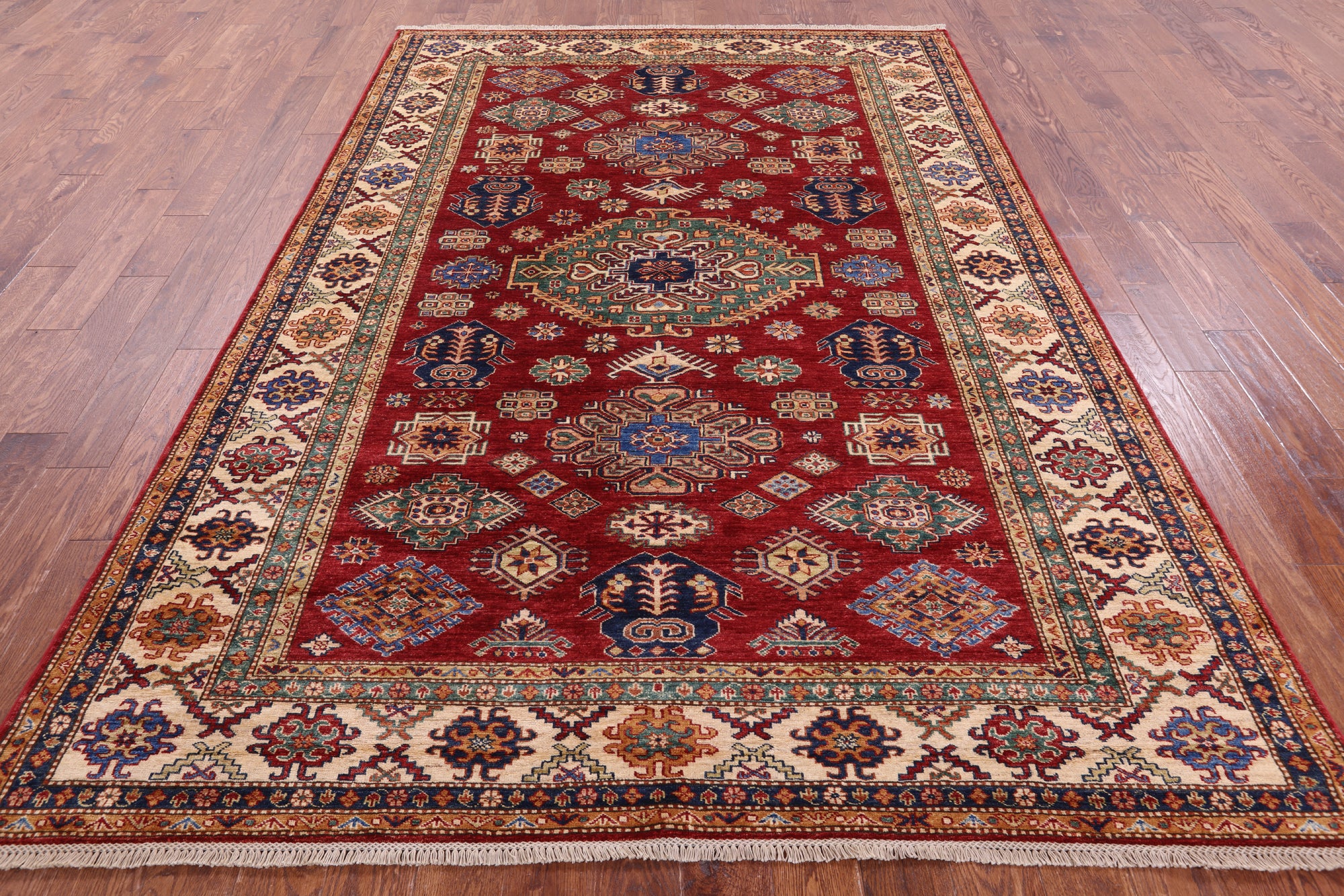 Red Super Kazak Hand Knotted Wool Rug - 6' 10" X 9' 9" - Golden Nile