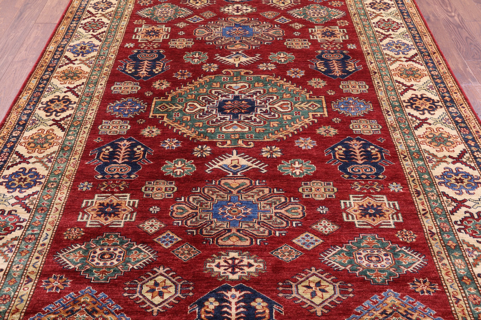 Red Super Kazak Hand Knotted Wool Rug - 6' 10" X 9' 9" - Golden Nile