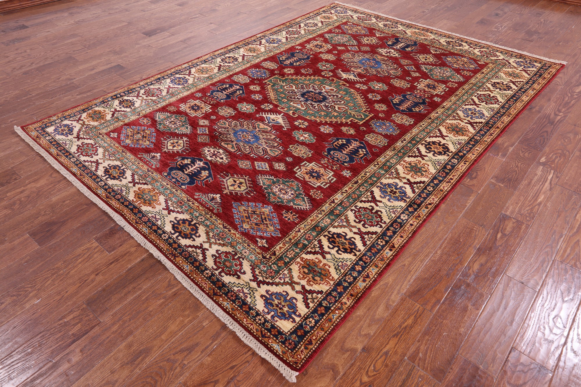 Red Super Kazak Hand Knotted Wool Rug - 6' 10" X 9' 9" - Golden Nile