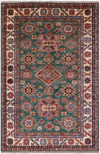 Green Super Kazak Hand Knotted Wool Rug - 5' 10" X 8' 9" - Golden Nile