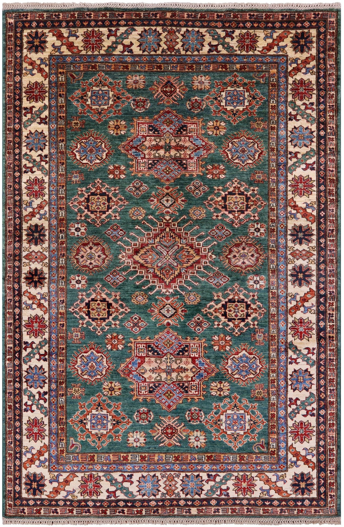 Green Super Kazak Hand Knotted Wool Rug - 5' 10" X 8' 9" - Golden Nile