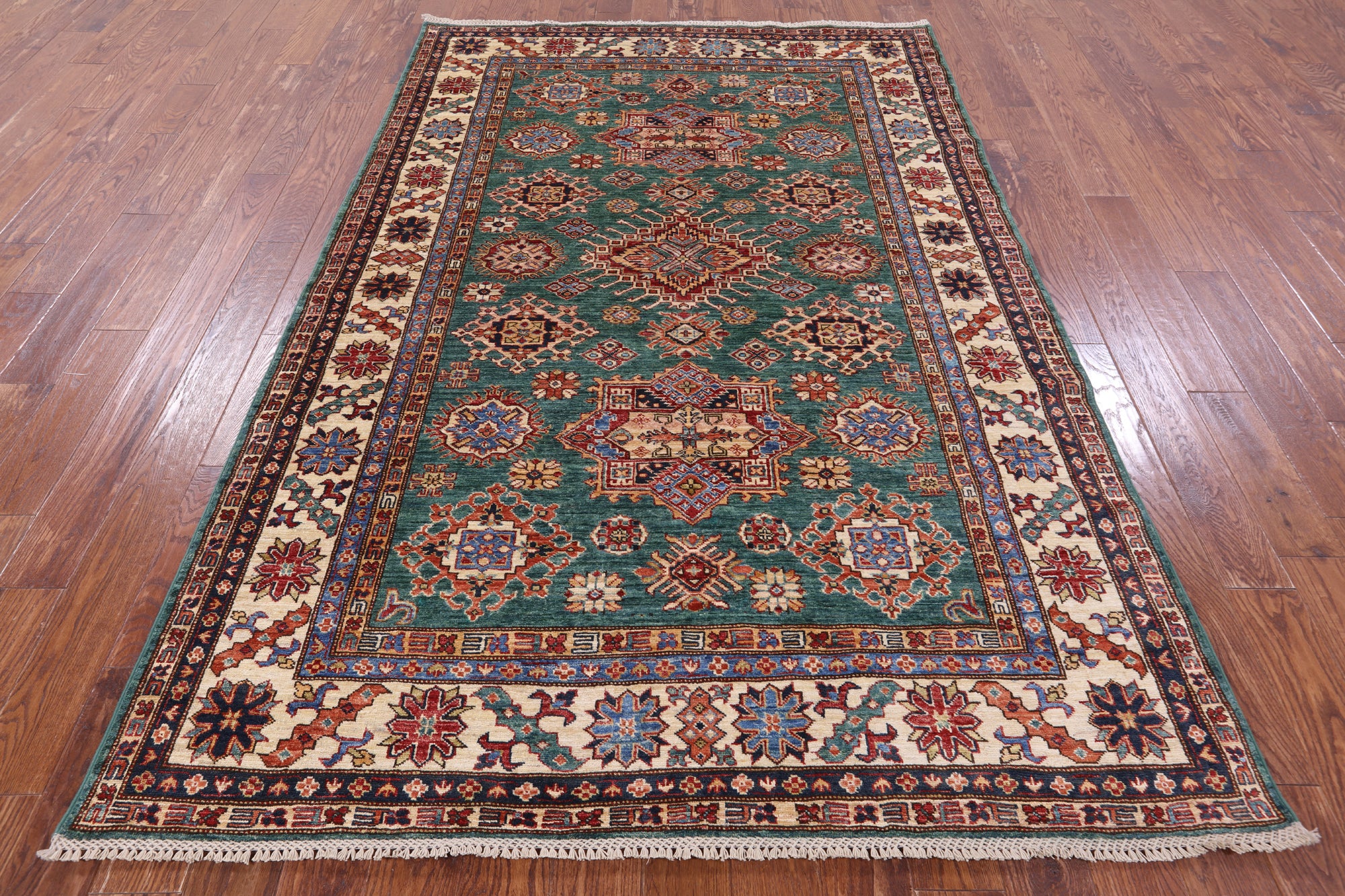 Green Super Kazak Hand Knotted Wool Rug - 5' 10" X 8' 9" - Golden Nile