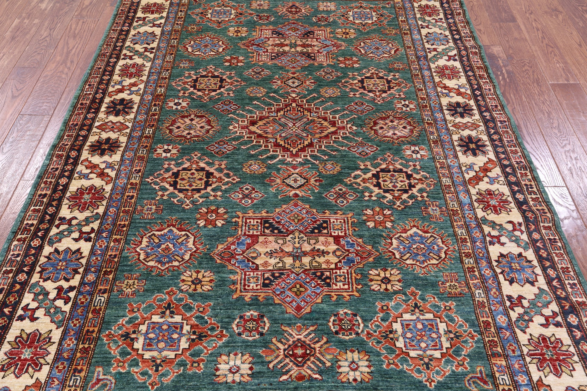 Green Super Kazak Hand Knotted Wool Rug - 5' 10" X 8' 9" - Golden Nile