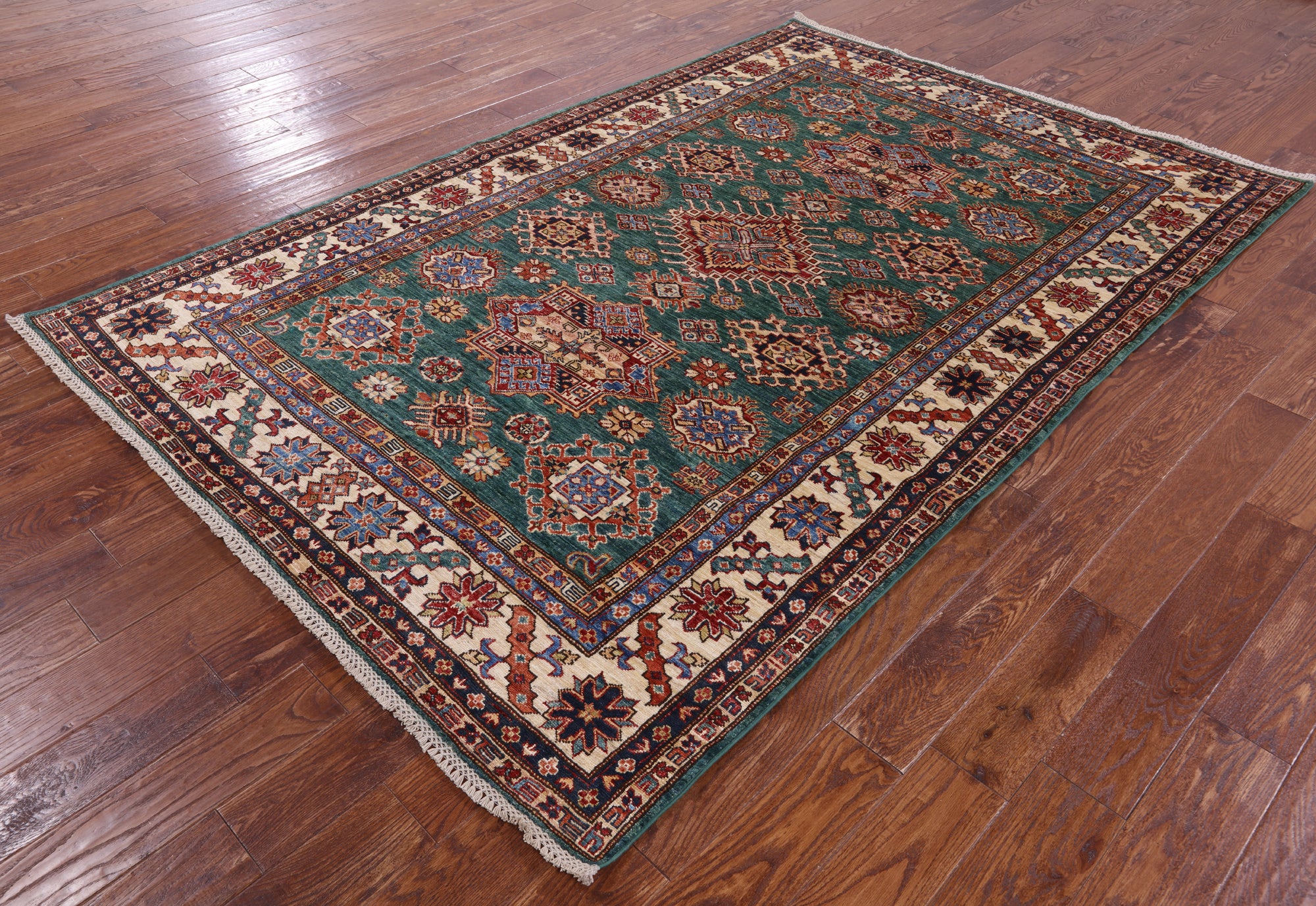 Green Super Kazak Hand Knotted Wool Rug - 5' 10" X 8' 9" - Golden Nile