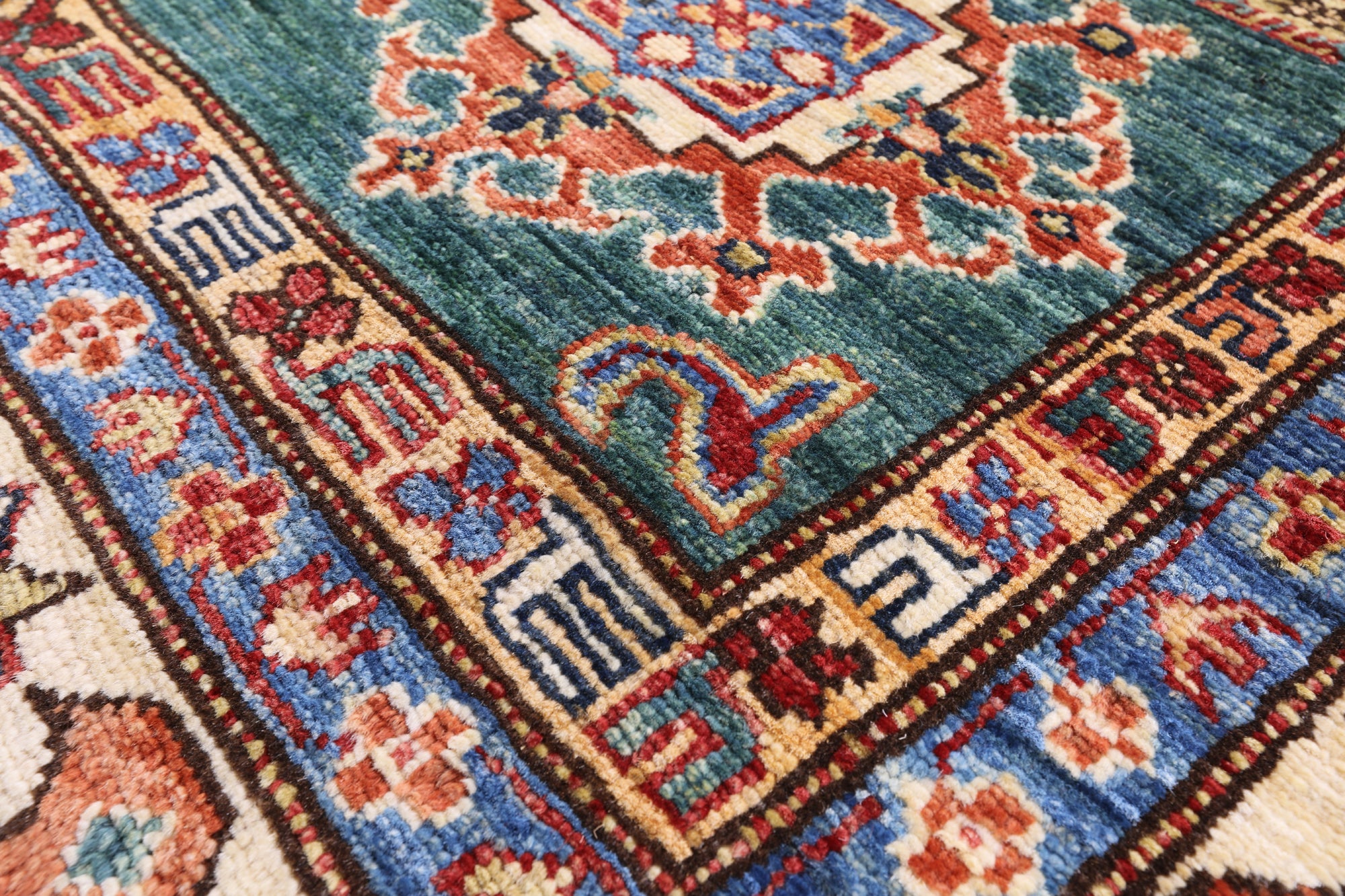 Green Super Kazak Hand Knotted Wool Rug - 5' 10" X 8' 9" - Golden Nile