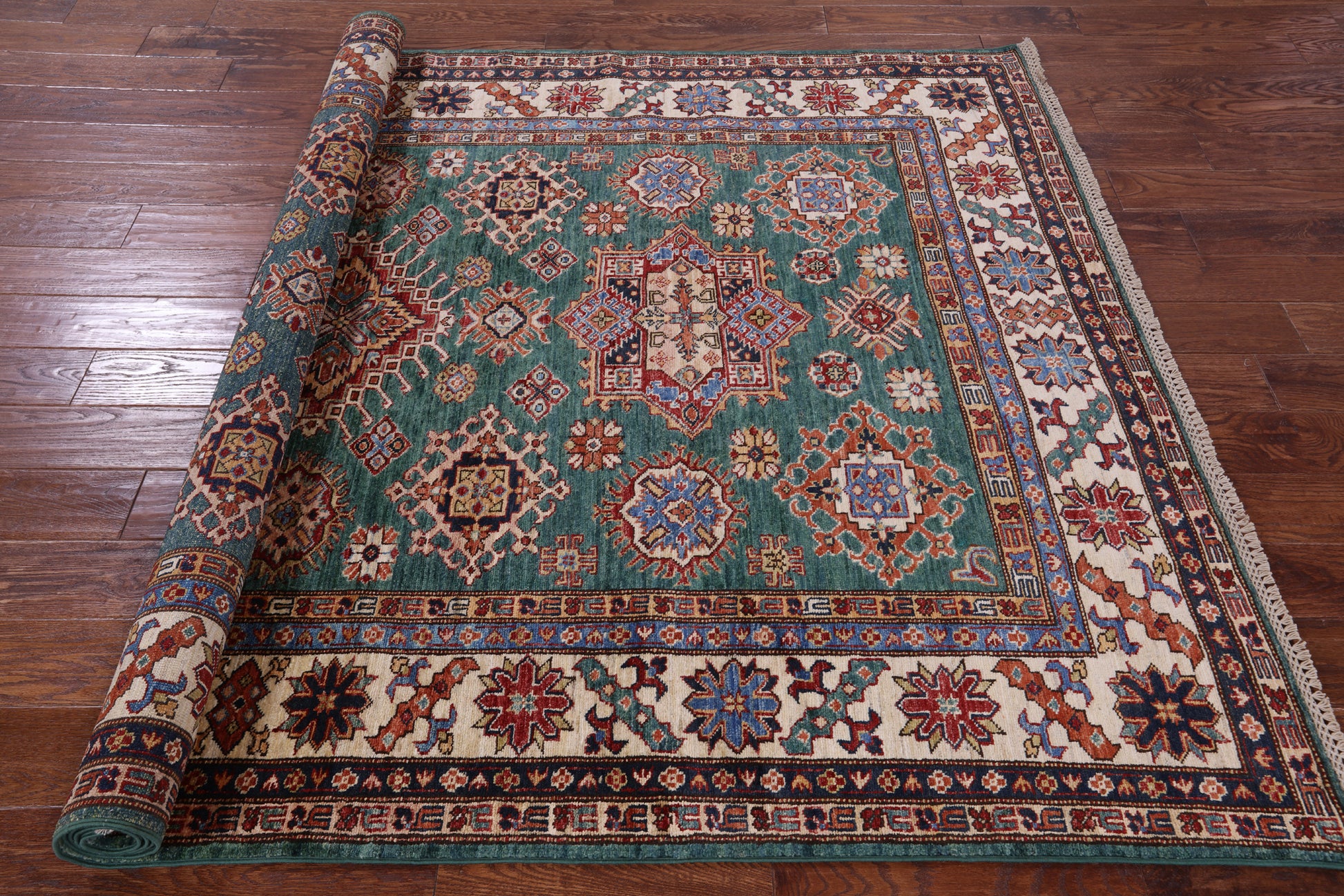 Green Super Kazak Hand Knotted Wool Rug - 5' 10" X 8' 9" - Golden Nile