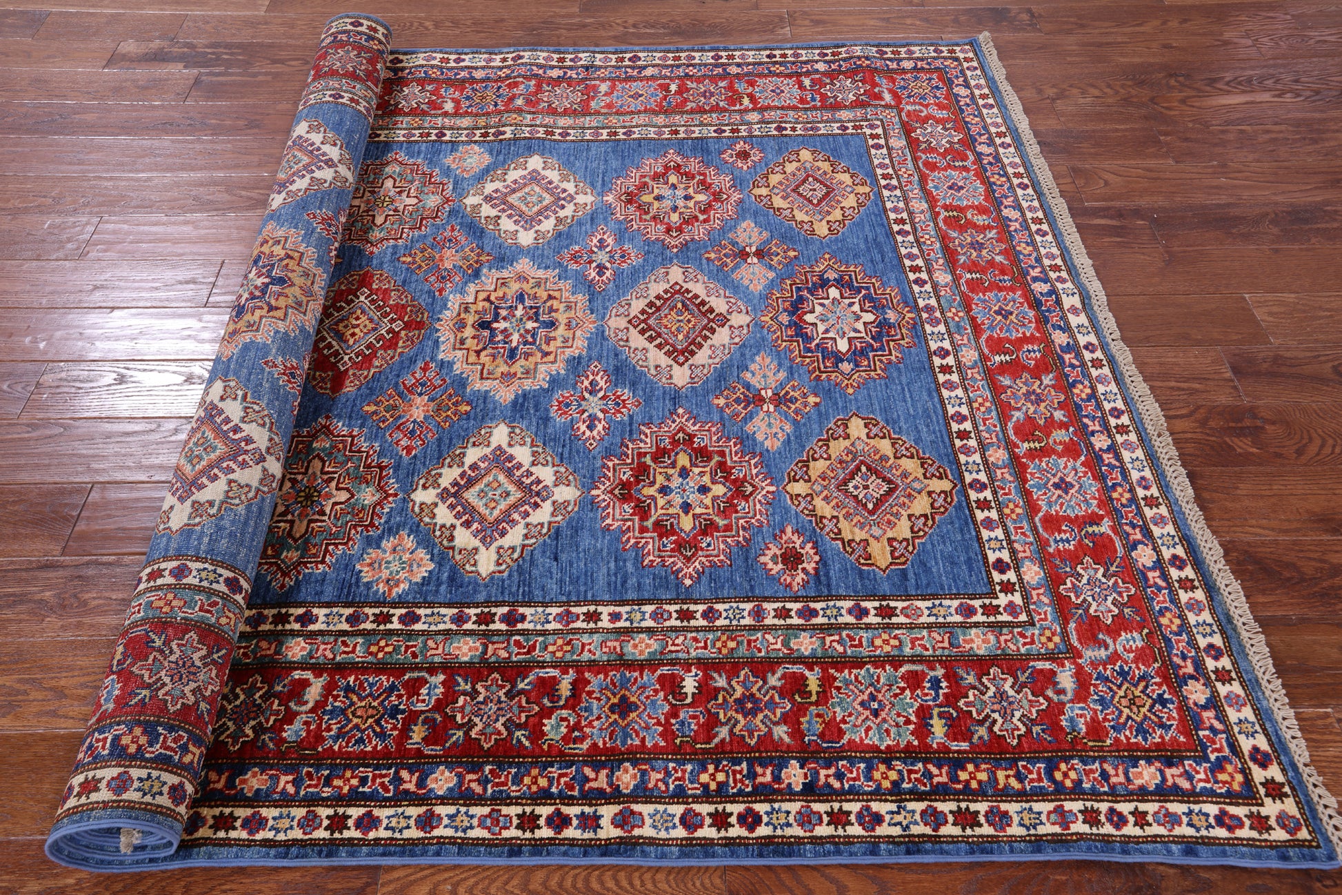 Blue Super Kazak Handmade Wool Rug - 5' 10" X 8' 7" - Golden Nile