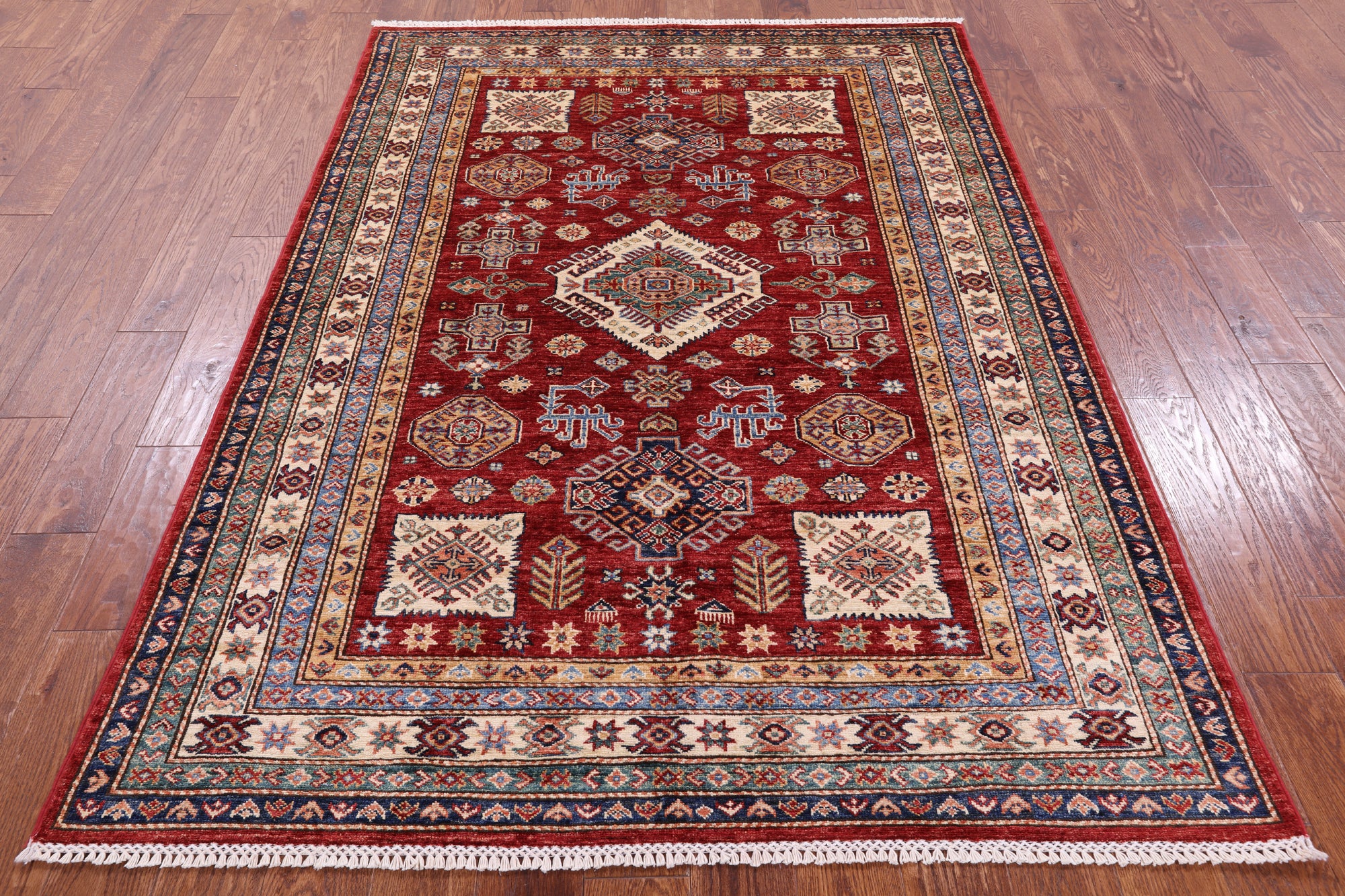 Red Super Kazak Handmade Wool Rug - 5' 0" X 6' 11" - Golden Nile