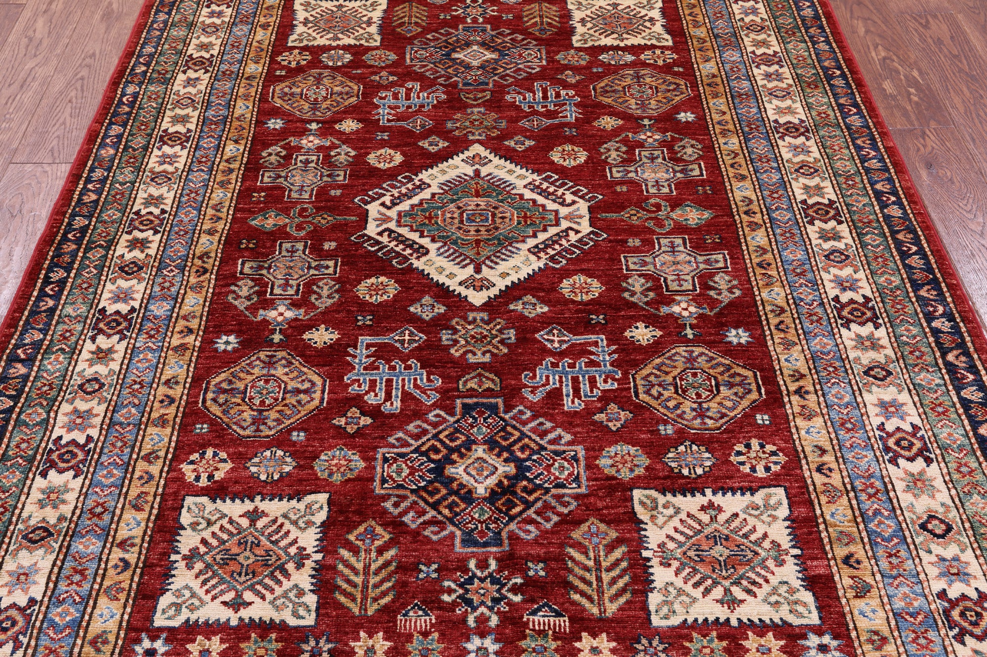 Red Super Kazak Handmade Wool Rug - 5' 0" X 6' 11" - Golden Nile