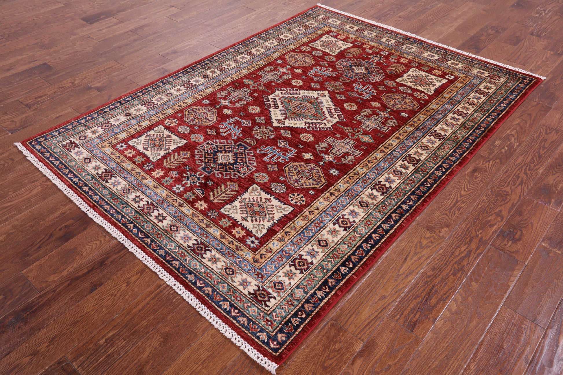Red Super Kazak Handmade Wool Rug - 5' 0" X 6' 11" - Golden Nile