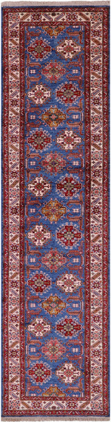 Blue Super Kazak Hand Knotted Wool Runner Rug - 2' 8" X 10' 1" - Golden Nile