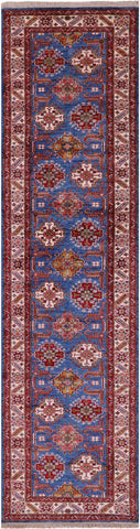 Blue Super Kazak Hand Knotted Wool Runner Rug - 2' 8