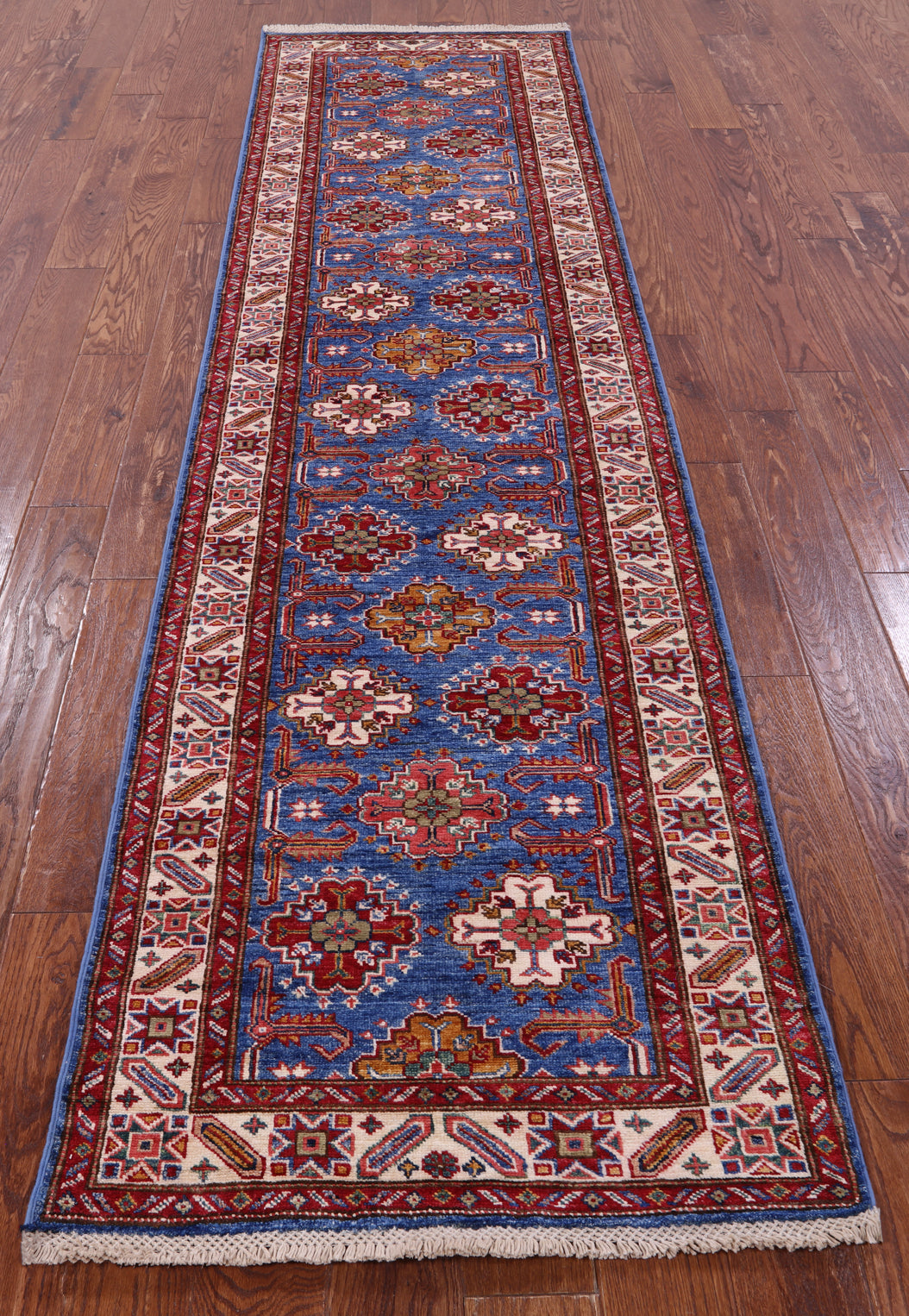 Blue Super Kazak Hand Knotted Wool Runner Rug - 2' 8" X 10' 1" - Golden Nile