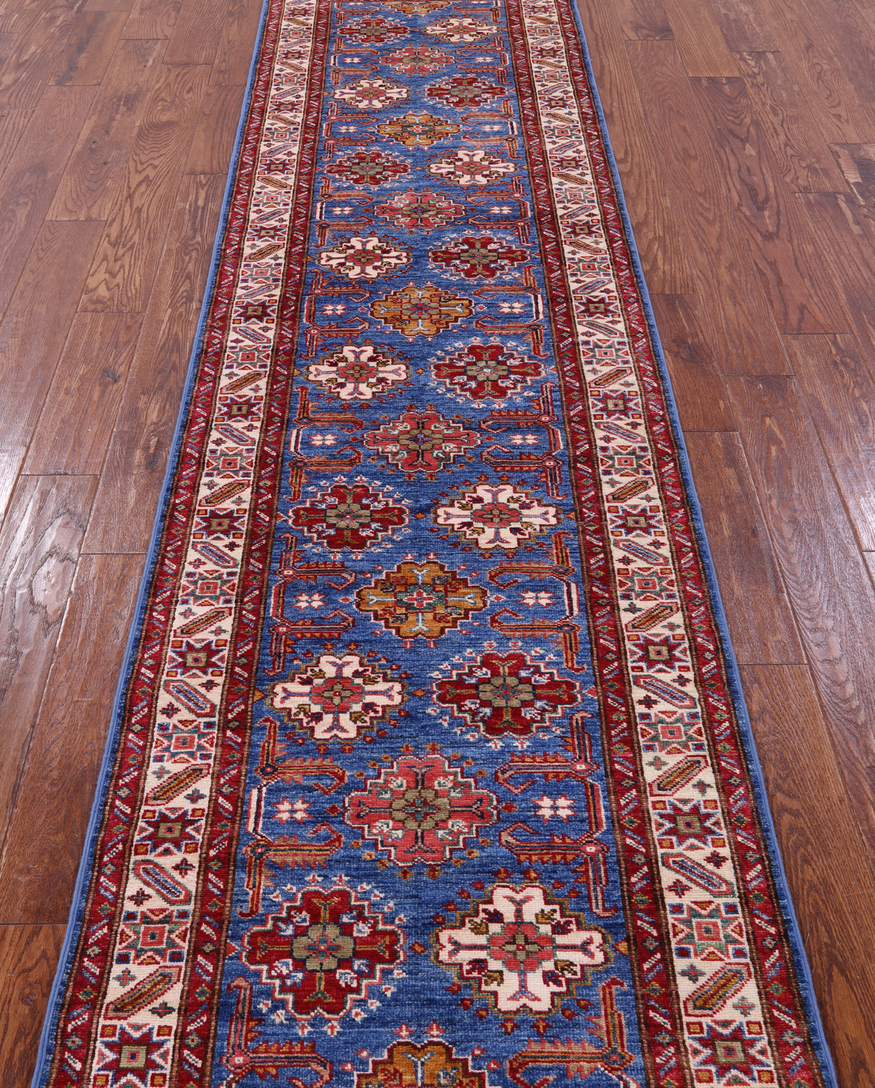 Blue Super Kazak Hand Knotted Wool Runner Rug - 2' 8" X 10' 1" - Golden Nile