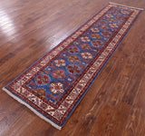 Blue Super Kazak Hand Knotted Wool Runner Rug - 2' 8" X 10' 1" - Golden Nile
