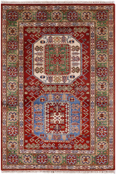 Red Super Kazak Hand Knotted Wool Rug - 3' 9" X 5' 6" - Golden Nile