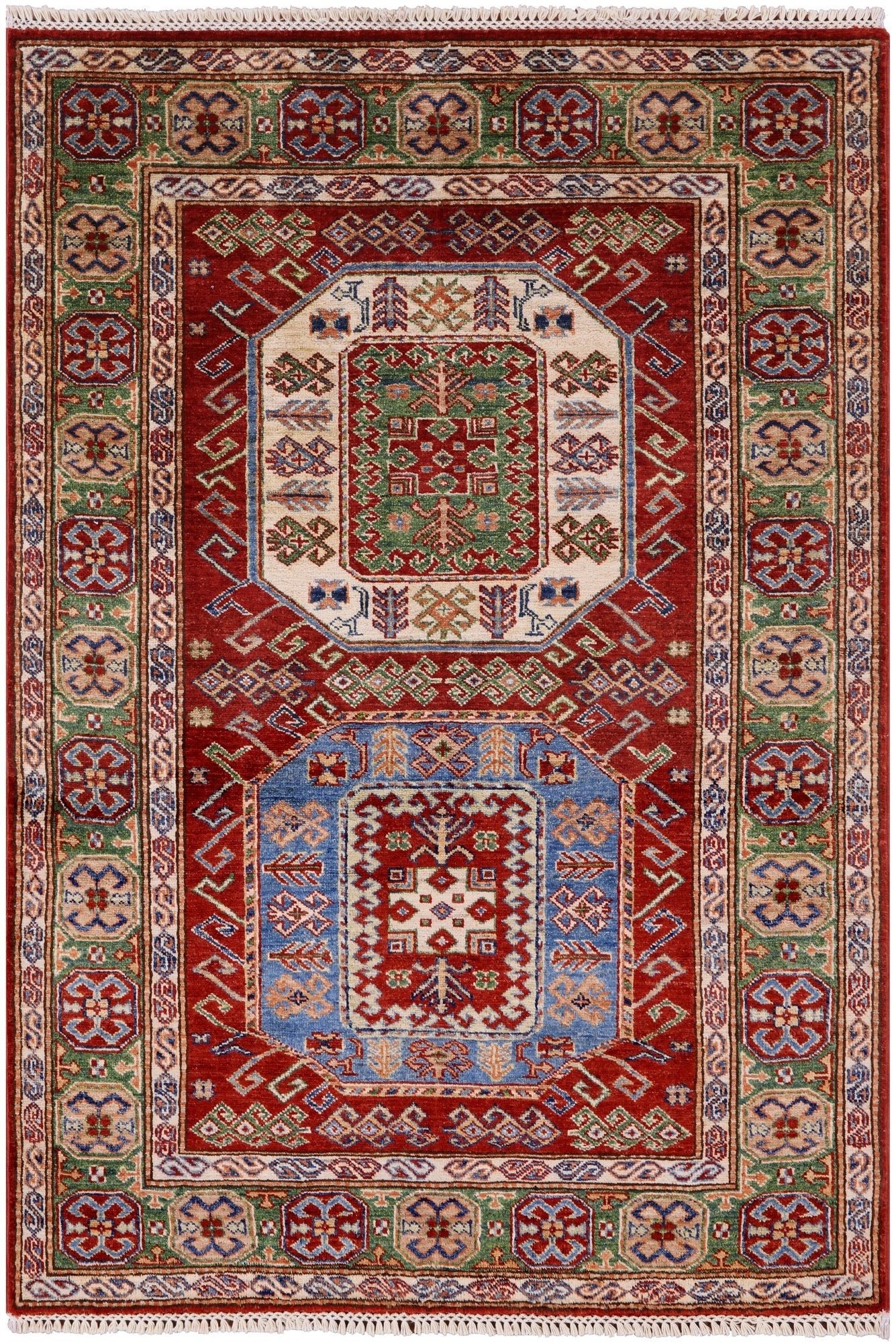 Red Super Kazak Hand Knotted Wool Rug - 3' 9" X 5' 6" - Golden Nile